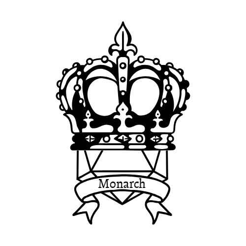 Illustration of a decorative crown with the word 'Monarch' on a ribbon at the base.